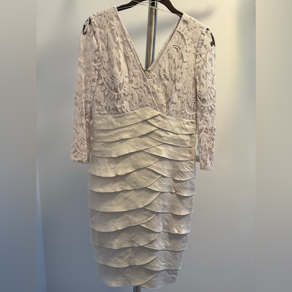 Adrianna Papell Lace & Tiered Long Sleeve Dress in Ivory